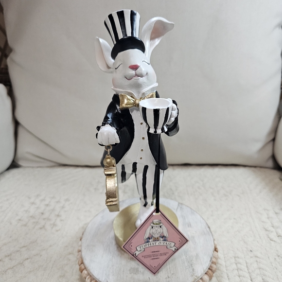 Mad Hatter Balancing Easter Bunny Black White & Gold Figurine With Watch Viral - Picture 2 of 4